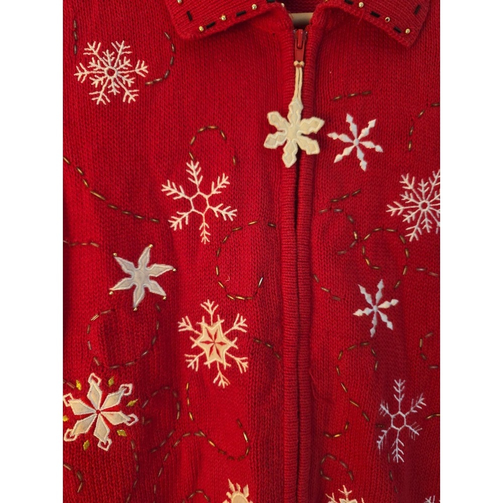 Studio JOY Red Snowflake Zip Sweater Vest XL Ramie Cotton Embroidered Holiday - Picture 3 of 9